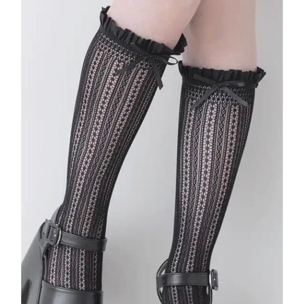 Urban Outfitters Black Pointelle Ruffle Bow Knee High Socks Coquette NWT